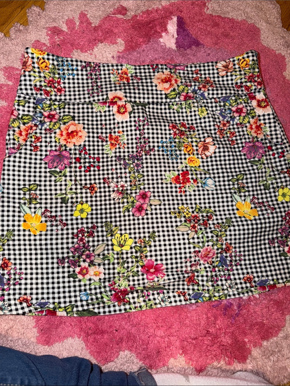 Floral Gingham Mini Skirt - Black & White with Multicolor Flowers